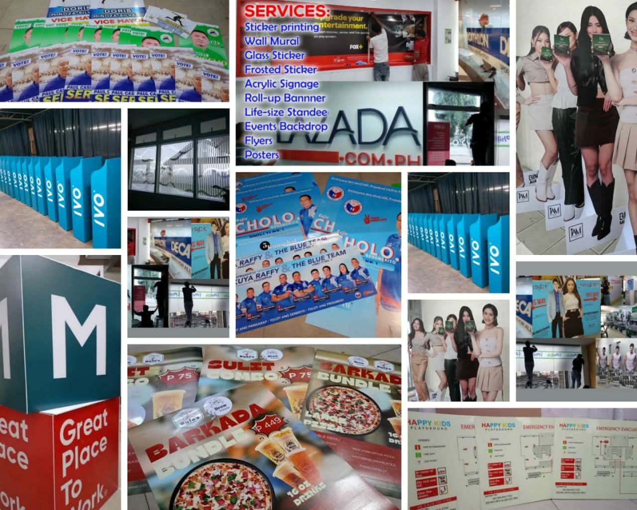 A collage of our work: campaign stickers, storefront and glass signage, roll-up banners, standees, menu boards and floor plans